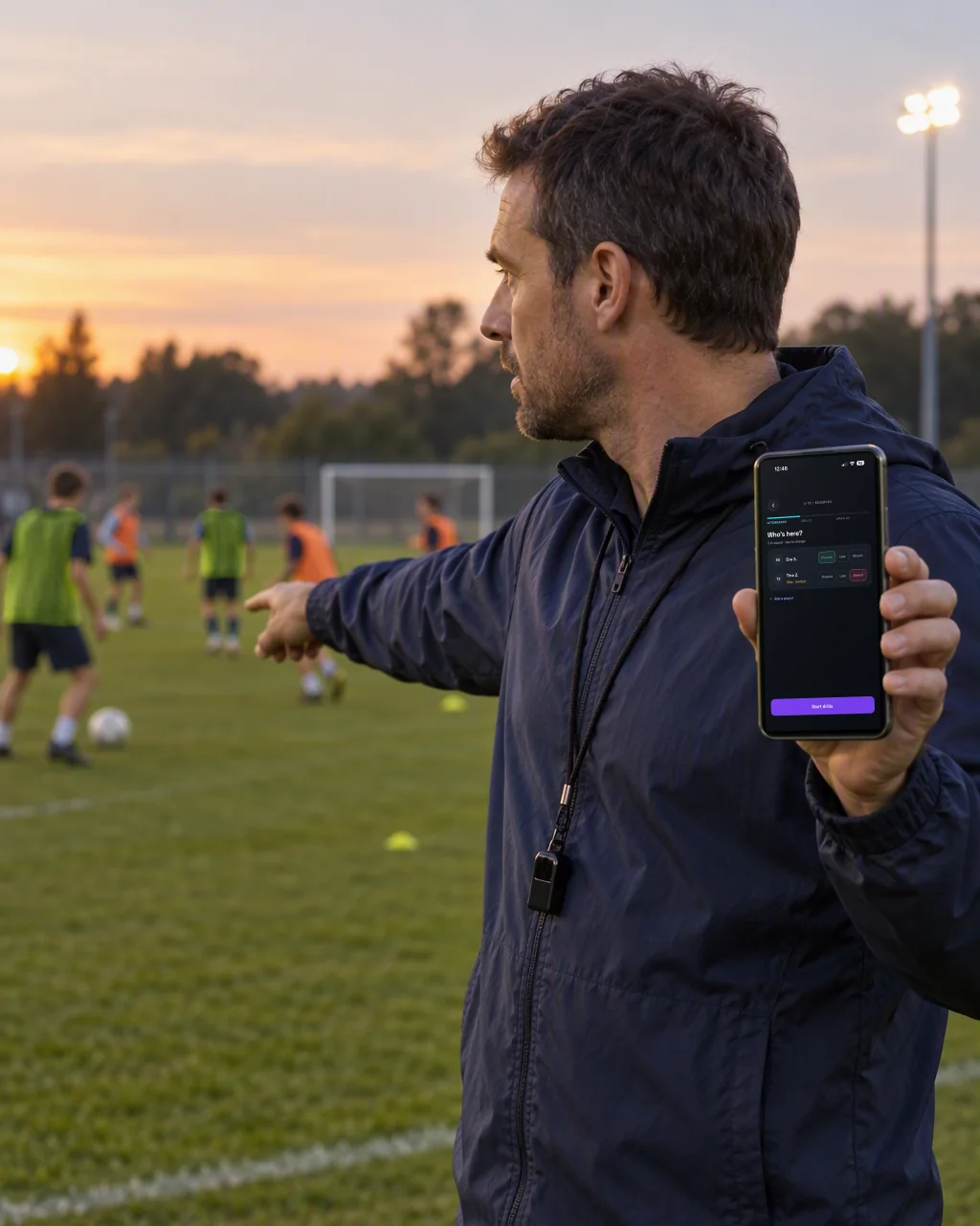 Football coach at the pitch at dusk, pointing to his players while holding up Sport99 attendance on his phone