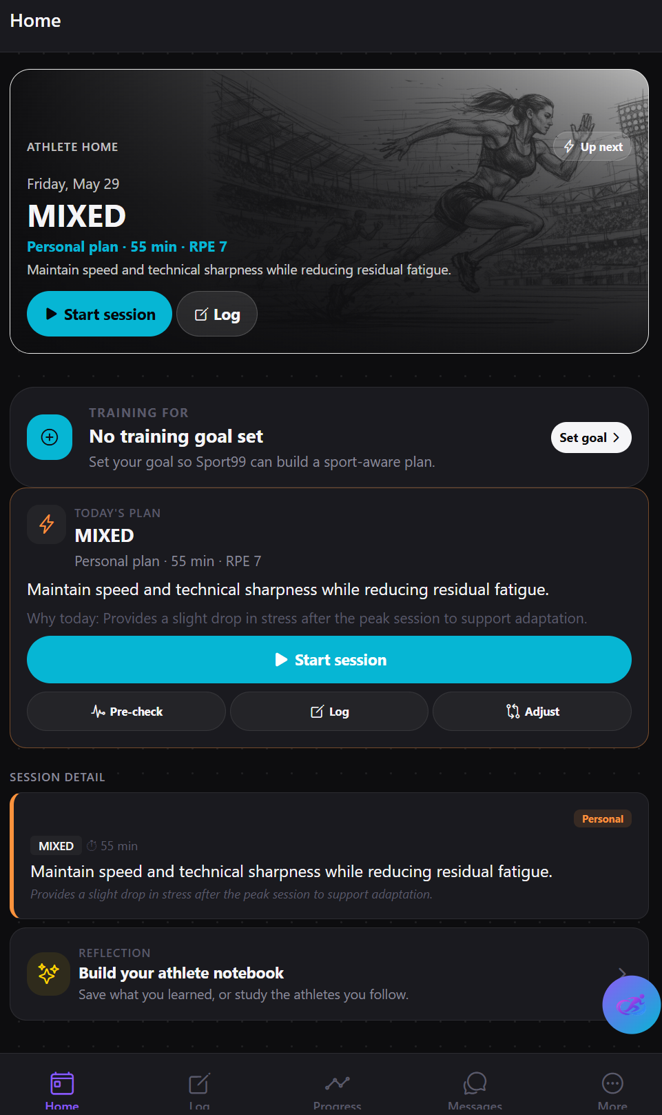 Sport99 athlete mobile training dashboard