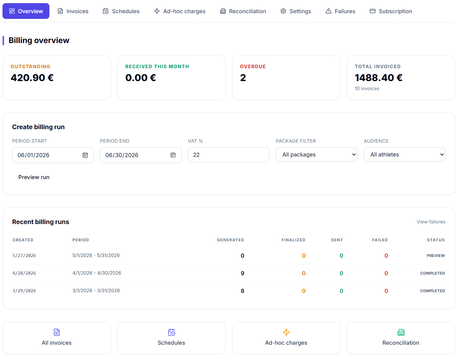 Sport99 club billing dashboard