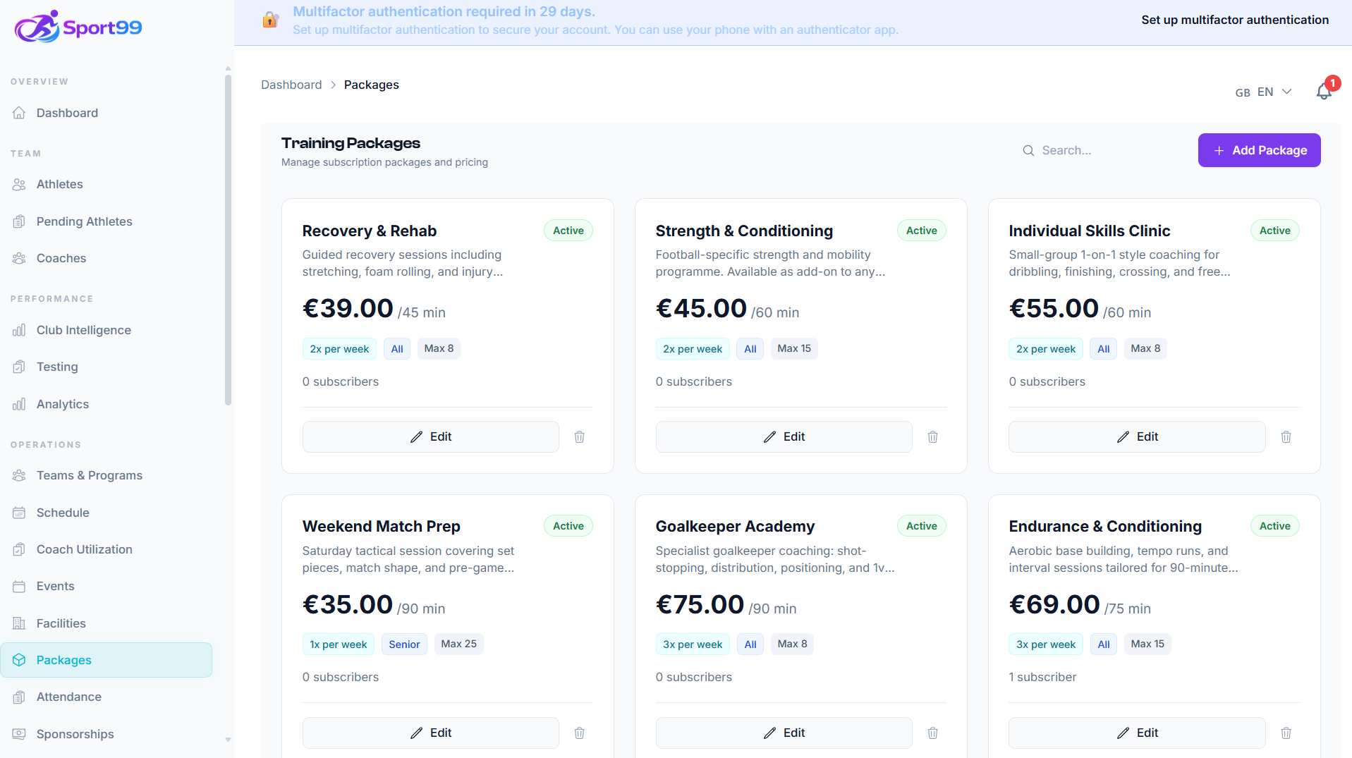 Sport99 club training packages dashboard