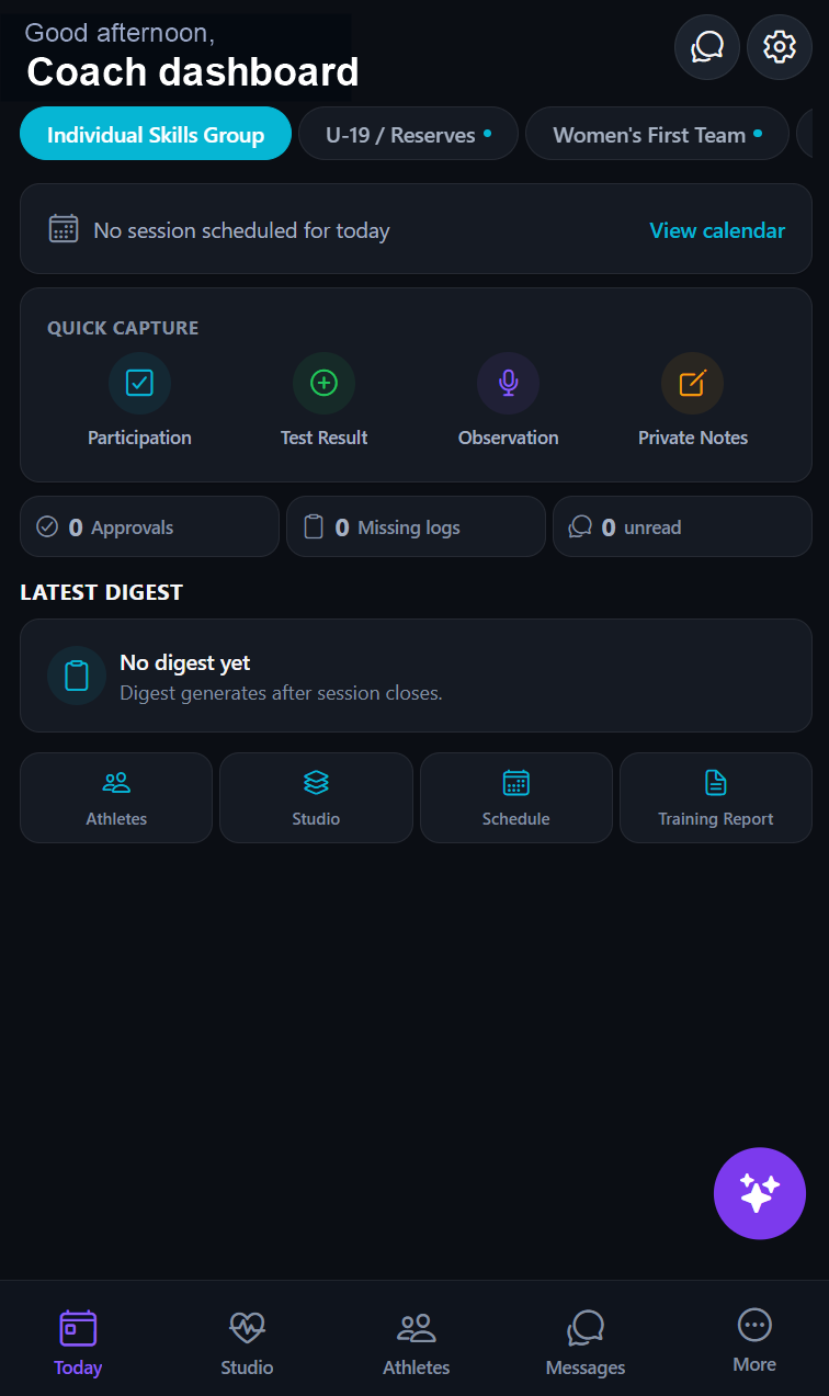 Sport99 coach mobile dashboard