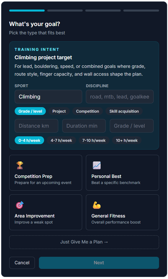 Sport99 goal setting flow