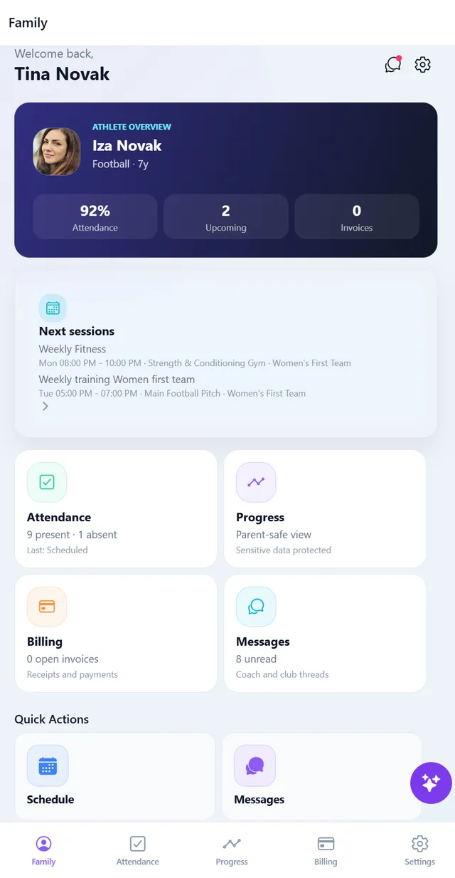App genitori Sport99 con presenze, sessioni, fatturazione e messaggi