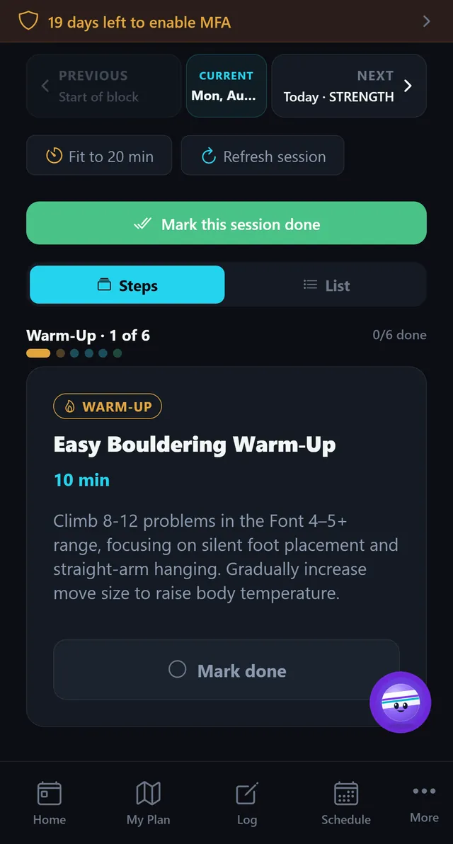 Sport99 Athleten-App mit der heutigen Einheit, Schritt für Schritt