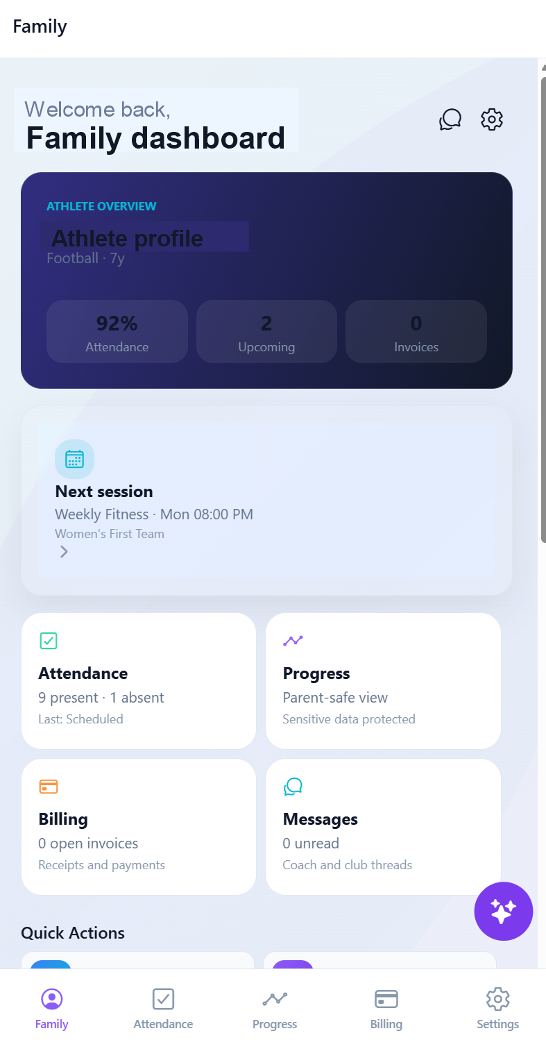 Sport99 parent mobile dashboard