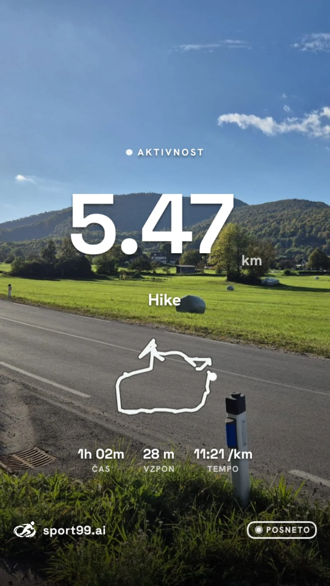 Sport99 share card for a 5.47 km hike with the route outline, time, ascent and pace