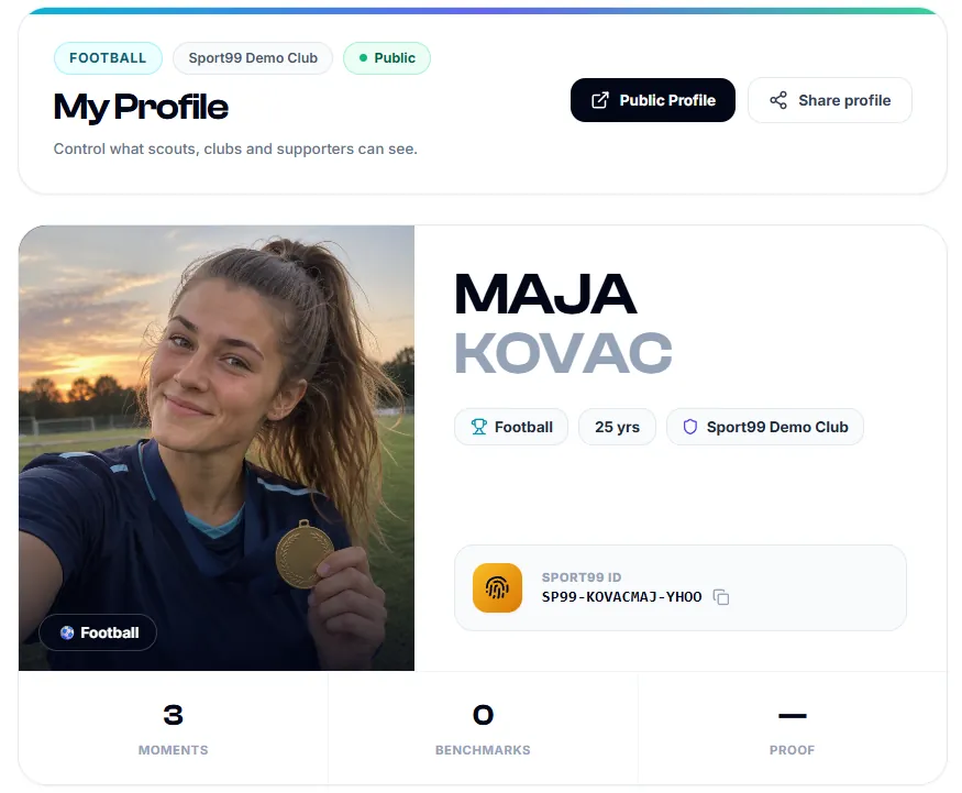Sport99 My Profile page with the Public status and share controls
