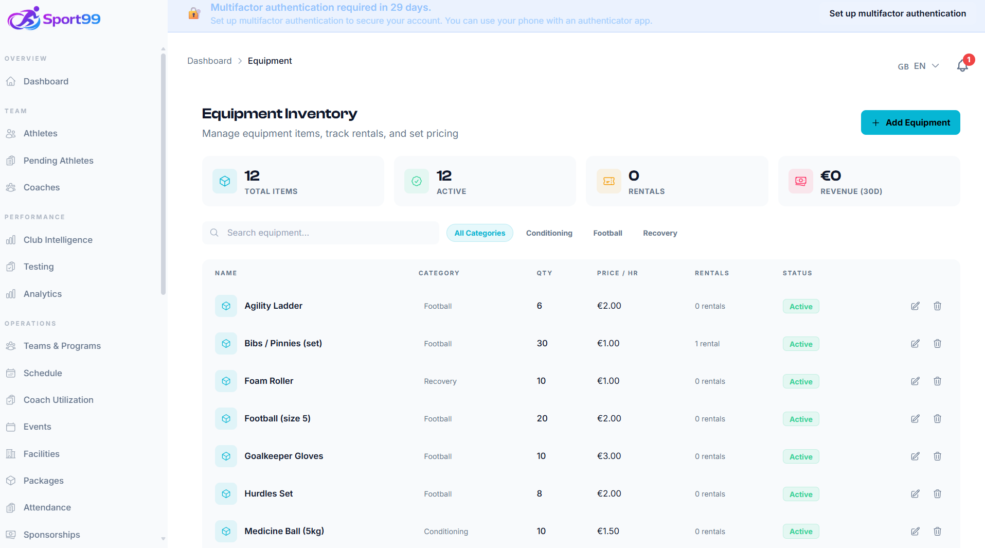 Sport99 visitor equipment inventory dashboard