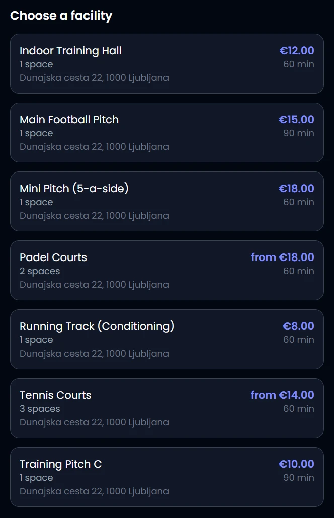 Sport99 public facility booking page with court rates and space selection